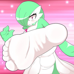3_fingers 5_toes abstract_background feet female fingers foot_focus green_hair hair kick pink_background pink_eyes simple_background soles solo toes white_body dasillymizuart nintendo pokemon gardevoir generation_3_pokemon humanoid pokemon_(species) hi_res
