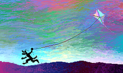 ambiguous_gender anthro black_body black_tail detailed_background holding_kite kite rainbow_sky running sky solo tail demensa canid canine mammal 2022 colorful_theme digital_media_(artwork) pixel_(artwork)