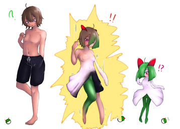 barefoot breast_growth breasts brown_hair clothing feet female gender_transformation green_hair growth hair human_to_humanoid male micro_calves micro_legs micro_thighs mtf_transformation not_furry open_mouth pokeball red_eyes shrinking simple_background size_transformation slim_female solo species_transformation standing surprised swimming_trunks swimwear thigh_gap thin_calves thin_legs thin_thighs transformation white_background vuaisu nintendo pokemon generation_3_pokemon human humanoid kirlia mammal pokemon_(species) 2022 hi_res