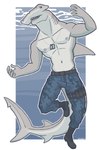 5_fingers anthro belt big_muscles black_clothing black_footwear black_shoes blue_bottomwear blue_clothing blue_pants bottomwear clothed clothing dog_tags fingers footwear long_pants male male_anthro muscular muscular_anthro muscular_male nipples open_mouth pants plantigrade raised_arm shark_tail sharp_teeth shoes solo tail teeth thick_tail topless topless_anthro topless_male snarkysardine fish ground_shark hammerhead_shark marine shark 2022 2:3 absurd_res full-length_portrait hi_res portrait