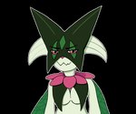 anthro black_eyebrows breasts eyebrows female green_body grey_background light_body looking_at_viewer mask red_eyes simple_background smug smug_grin solo quake-1 nintendo pokemon generation_9_pokemon meowscarada pokemon_(species) animated short_playtime