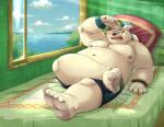 5_toes anthro bed belly blue_eyes bodily_fluids bottomwear clothing eyewear feet foot_fetish foot_focus footwear fur furniture glasses lying male moobs navel nipples overweight overweight_anthro overweight_male paws shorts solo sweat teeth toes tongue white_body white_fur aotoaka lifewonders tokyo_afterschool_summoners leib_(tas) bear mammal polar_bear ursine 2019