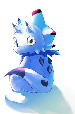 anthro horn kerchief looking_at_viewer male neckerchief neckwear rear_view simple_background sitting sitting_on_ground solo tail white_background white_body yellow_eyes oko_konoko2 bandai_namco digimon digimon_(species) gammamon hi_res