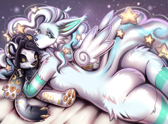 bottomless cheek_tuft clothed clothing cloud_hair facial_tuft femboy fluffy fluffy_tail fur gloves hair handwear hug legwear long_hair looking_at_viewer male nude nude_anthro plushie plushification presenting stars_in_hair stockings tail topless tuft white_body white_fur white_hair wide_hips wings rogbiejoke canid canine fox mammal digital_media_(artwork) hi_res
