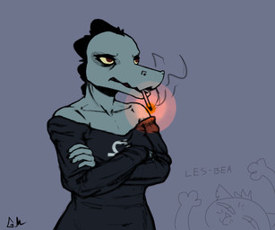 anthro cigarette clothing duo female red_eyes smoking text yellow_sclera mainlinemojo night_in_the_woods bea_santello mae_borowski alligator alligatorid crocodilian domestic_cat felid feline felis mammal reptile scalie 2017 6:5 absurd_res colored hi_res