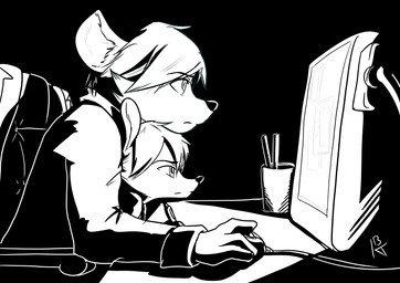 anthro chair clothed clothing computer computer_mouse duo electronics furniture male monitor office_chair pen side_view sitting ittybittykittytittys disney zootopia fan_character floyd_colby milo_pitman mammal mouse murid murine rat rodent 2017 black_and_white hi_res monochrome signature