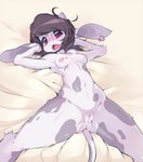 anthro bed blush bodily_fluids bovid bovine breast_milking breasts cattle ear_piercing ear_tag female furniture genitals holstein_friesian_cattle lactating looking_at_viewer mammal milk nipples nude on_bed open_mouth piercing pussy slugbox small_moo solo tongue