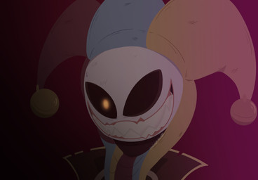 bell_hat black_background black_sclera clothing fool's_hat gradient_background hat headgear headwear machine male male_humanoid mecha orange_eyes prototype purple_background sharp_teeth shirt_collar simple_background teeth white_body galaxystardubs mob_entertainment poppy_playtime prototype_(poppy_playtime) humanoid hi_res