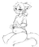 anthro breasts clothed clothing clothing_lift eyewear female fur glasses inner_ear_fluff looking_at_viewer navel round_glasses shirt shirt_lift simple_background sitting slightly_chubby solo topwear tuft white_background swaybat mammal 2024 digital_media_(artwork) monochrome