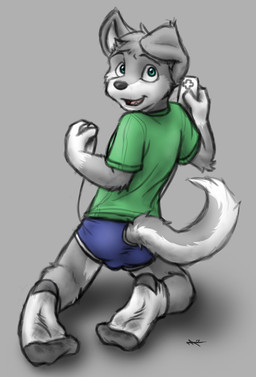 anthro clothing controller footwear game_controller kneeling looking_at_viewer male nintendo_controller open_mouth open_smile smile socks solo tail wii_remote young young_anthro young_male cobaltsynapse nintendo wii canid canine canis mammal wolf
