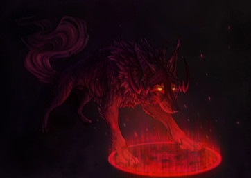 animal_genitalia black_background dark feral fully_sheathed fur genitals glowing glowing_eyes magic magic_circle male quadruped red_body red_fur red_light sheath simple_background solo yellow_eyes canis_infernalis gehena_hellgate canid canine demon mammal digital_media_(artwork) hi_res restricted_palette shaded
