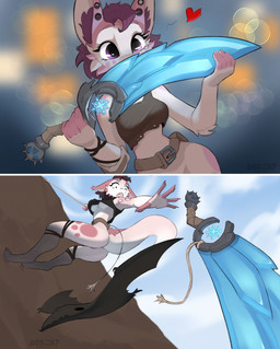 5_fingers anthro areola belt biped bottomless bottomless_anthro bottomless_female breasts butt clothed clothed_anthro clothed_female clothing cloud countershade_torso countershading day ear_piercing feet female fingers front_view gauged_ear hair holding_melee_weapon holding_object holding_sword holding_weapon inner_ear_fluff looking_at_object low-angle_view melee_weapon nipples open_mouth outside partially_clothed partially_clothed_anthro partially_clothed_female piercing pink_body pink_tail purple_eyes purple_hair rear_view sky solo standing sword tail teeth toes tongue topwear topwear_only tuft weapon askart kobold scalie 2025 absurd_res comic digital_media_(artwork) hi_res