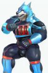 anthro black_nose blue_body blue_fur bulge clothing fur looking_at_viewer male muscular muscular_anthro muscular_male simple_background solo spandex spandex_suit tight_clothing white_background white_body white_fur iceman1984 power_rangers power_rangers_spd tokusou_sentai_dekaranger doggie_kruger alien canid canine mammal