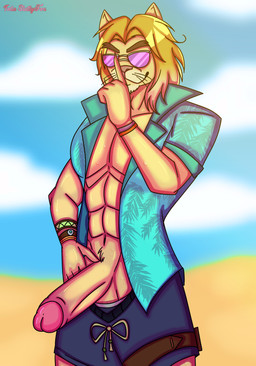 abs anthro beach big_penis clothing erection eyewear genitals glans glasses male penis shush solo sunglasses swimming_trunks swimwear whiskers intaneloid epic_games fortnite kingston_(fortnite) felid lion mammal pantherine absurd_res hi_res
