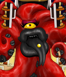 black_lips black_lipstick bodily_fluids drooling eyelashes eyeshadow female glistening glistening_body hyper hyper_lips hyper_tongue lips lipstick long_eyelashes looking_at_viewer makeup piercing saliva saliva_string sharp_teeth slime smile smiling_at_viewer solo suction_cup suction_cup_lips teeth thick_lips tongue tongue_out tongue_piercing yellow_eyes m4n british_broadcasting_corporation doctor_who alien cyclops dalek eldritch_abomination monster absurd_res hi_res