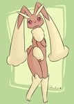 anthro brown_body female floppy_ears fluffy_ears fur long_ears simple_background smile solo tail glacefrostbite nintendo pokemon generation_4_pokemon lagomorph leporid lopunny mammal pokemon_(species) hi_res