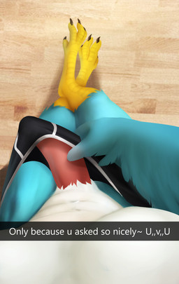 anthro blue_body blue_feathers camera_view caption clothing crossed_legs dick_pic erection feathers feet first_person_view genital_shot genitals holding_penis male male_anthro male_pov penis penis_shot presenting presenting_penis relaxing solo stretched_clothing tapering_penis teasing text underwear miraoff snapchat kris_(krisdabirb) avian bird absurd_res english_text hi_res