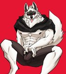 abs anthro bottomwear bulge bulge_grab cape clothed clothing fur looking_at_viewer male muscular muscular_anthro muscular_male nipples open_mouth pants pecs red_eyes sitting slime solo teeth tongue tongue_out white_body warwickislovely dreamworks puss_in_boots_(franchise) death_(puss_in_boots) canid canine canis humanoid mammal wolf hi_res