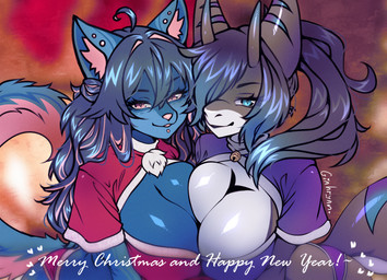 anthro big_breasts breast_squish breasts breasts_frottage cleavage clothed clothing crop_top dark_hair duo ear_piercing female fur hair holidays horn long_hair multicolored_body multicolored_fur multicolored_hair panties piercing ponytail shirt squish topwear underwear conditional_dnp giahryan christmas tory_(giahryan) aquatic felid feline fish mammal shark