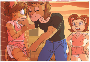 annoyed anthro black_outfit blue_eyes blue_outfit bottomwear bottomwear_pull cheerleader_outfit clothed clothing clothing_pull crossdressing diaper exposed_diaper female flirting fur group male orange_body orange_fur outside pink_outfit skirt skirt_pull sunset trio wearing_diaper white_body white_fur yellow_eyes paddedulf emily_(paddedulf) domestic_cat felid feline felis lion mammal pantherine