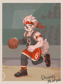 anthro ball band-aid band-aid_on_face bandage bandage_on_face basketball_(ball) basketball_uniform biceps bottomwear clothing footwear fur green_eyes hair kerchief male muscular muscular_male pecs shirt shoes shorts sneakers socks solo sportswear tank_top topwear uniform white_body white_fur ainro elysium_above dong_xuan canid canine canis domestic_dog mammal 3:4 absurd_res hi_res