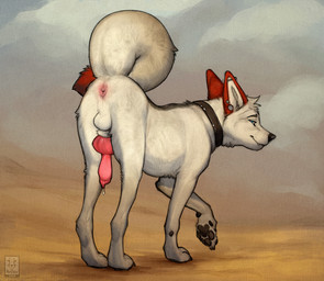 anus balls butt ear_piercing erection feet feral fur genitals inner_ear_fluff looking_at_viewer male paws penis piercing rear_view smile solo standing tail teeth toes tuft anchee canid canine mammal 2026 digital_drawing_(artwork) digital_media_(artwork) hi_res
