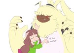 anthro brown_hair duo female fur hair hug humor long_ears long_hair male size_difference text yellow_body yellow_fur tinypwbble bandai_namco digimon digimon_ghost_game ruri_tsukiyono angoramon digimon_(species) human lagomorph leporid mammal rabbit comic english_text