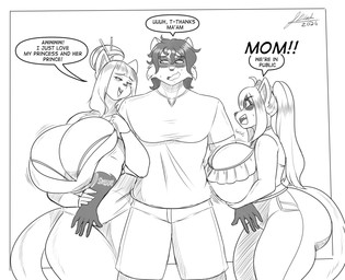 anthro awkward awkward_moment big_breasts bodily_fluids breast_squish breasts breasts_frottage clothed clothing curvy_figure dialogue female fighting_over_boy group hair holding_arm huge_breasts long_hair male male/female mature_female pressing_breasts simple_background squish sweat text trio jwinkz felicia_(jwinkz) grace_(jwinkz) felid feline mammal procyonid raccoon 2026 english_text hi_res monochrome daughter_(lore) mother_(lore) mother_and_child_(lore) mother_and_daughter_(lore) parent_(lore) parent_and_child_(lore) parent_and_daughter_(lore)