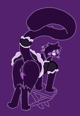 animal_genitalia animal_penis anthro backsack balls bent_over big_tail blush butt clothed clothing digitigrade feline_genitalia feline_penis fur genitals maid_uniform male monotone_body monotone_fur multi_eye no_underwear penile_spines penis presenting presenting_hindquarters purple_background purple_blush purple_body purple_fur raised_tail rear_view simple_background solo step_stool tail uniform something_(artist) something_(something) domestic_cat felid feline felis mammal monster