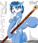 anthro biped blue_body blue_fur blue_hair blush breasts claws female fur genitals green_eyes hair holding_object holding_weapon kneeling melee_weapon nude polearm pussy short_hair solo staff tail weapon white_body white_fur yuki_(artist) nintendo star_fox krystal_(star_fox) canid canine fox mammal 2006