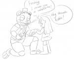 animatronic anthro bear bow_(feature) bow_tie button_(fastener) child clothed clothing digital_drawing_(artwork) digital_media_(artwork) dress duo english_text eyes_closed female five_nights_at_freddy's five_nights_at_freddy's_2 footwear fully_clothed hair happy holding_object human kneeling long_hair looking_at_another machine male mammal monochrome robot scottgames shoes simple_background talking_to_another text toy_freddy_(fnaf) unnecessaryfansmut young