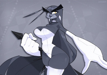 anthro armwear beak big_breasts black_body black_feathers black_hair breasts choker cleavage clothed clothing ear_piercing elbow_gloves eyebrows eyelashes feather_hands feathers female gloves hair handwear holding_melee_weapon holding_object holding_sword holding_weapon jewelry legwear leotard long_hair melee_weapon necklace piercing solo sword thick_eyebrows thigh_highs weapon white_clothing white_gloves white_handwear white_leotard wide_hips yellow_eyes doodledox ryz_harlok avian bird corvid corvus_(genus) crow oscine passerine 2023 portrait three-quarter_portrait
