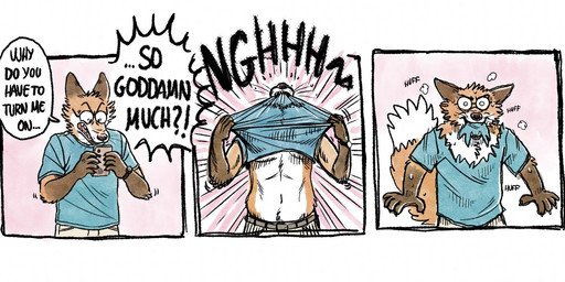 angry anthro belt belt_buckle bottomwear breath buckle clothed clothing clothing_lift dialogue electronics eyewear fangs fully_clothed glasses head_thrown_back looking_at_object looking_at_phone male navel panting pants partially_clothed phone shaking shirt shirt_lift solo speech_bubble stated_arousal tearing_own_clothing tearing_shirt teeth text topwear torn_clothing torn_shirt torn_topwear wearing_glasses rayfkm canid canine fox mammal 2025 comic english_text hi_res sequence