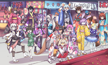 accessory age_difference anthro asian_clothing biped bottomwear braided_hair breasts carrying_another clothed clothing crouching east_asian_clothing eye_contact facial_markings female floppy_ears food footwear grin group hair hair_accessory hand_holding head_markings holding_food holding_object japanese_clothing kimono larger_female larger_male legwear long_hair looking_at_another lop_ears male markings mask_(marking) medium_breasts older_female older_male on_one_leg one_eye_closed open_mouth open_smile outside sandals shirt shoes short_hair shorts size_difference smaller_female smaller_male smile standing stockings text thigh_highs topwear young young_anthro young_female young_male younger_female younger_male pucco aidan_(lunarciph) chloe_o'cuana jade_(lunarciph) joana_(lunarciph) ocelotte_(lunarciph) yuuma_fujimori_(tsunderepanda) ailurid ambient_fish ambient_sealife canid canine canis domestic_cat domestic_dog felid feline felis fox hybrid lagomorph leporid mammal mustelid otter pantherine procyonid rabbit raccoon red_panda snow_leopard 2026 absurd_res hi_res japanese_text brother_(lore) brothers_(lore) sibling_(lore) twins_(lore)
