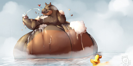 anthro bathing big_butt biped bottle brown_body brown_skin butt container floor heart_symbol huge_butt hyper hyper_butt looking_back lotion male nude obese obese_anthro obese_male overweight overweight_anthro overweight_male rubber_duck sitting smile soap solo steam tile tile_floor tongue tongue_out water wet boxgoat julian_(kazecat) common_hippopotamus hippopotamid mammal 2015