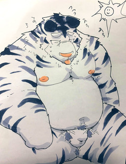 anthro asian_clothing balls_outline belly bulge clothing detailed_bulge east_asian_clothing eyes_closed fundoshi genital_outline japanese_clothing kemono male moobs navel nipples outside overweight overweight_male pubes solo sun tongue tongue_out underwear white_body white_clothing white_fundoshi white_underwear suishou0602 felid mammal pantherine tiger 2021 hi_res