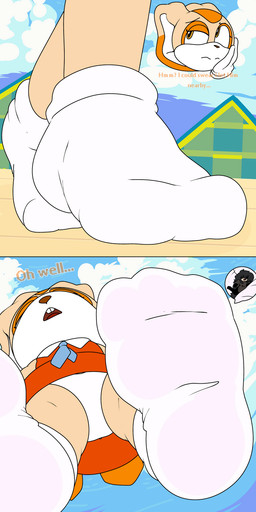 anthro big_feet black_hair blue_necktie buckteeth clothing dialogue disembodied_head dress duo extreme_size_difference feet female foot_crush foot_fetish foot_focus footwear fur hair low-angle_view necktie oblivious orange_clothing orange_dress panties panty_shot size_difference sock_fetish socks tan_body tan_fur teeth text underwear walking white_clothing white_footwear white_socks zoom_in dragotrashcan sega sonic_the_hedgehog_(series) cream_the_rabbit fan_character lagomorph leporid mammal rabbit species_request english_text hi_res