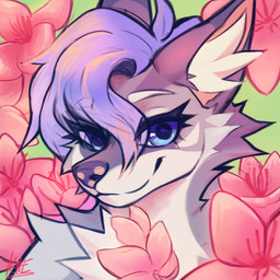 ambiguous_gender anthro blue_eyes blue_hair flower fur green_background grey_body grey_fur hair looking_at_viewer plant simple_background smile solo kite512 canid mammal 1:1 2026 bust_portrait digital_media_(artwork) hi_res portrait