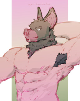 abs armpit_hair biceps black_body black_fur body_hair for_a_head fur male muscular muscular_humanoid muscular_male nipples pecs pink_nipples pink_snout solo white_eyes gernhardator dispatch sonar_(dispatch) animal_head animal_humanoid bat humanoid mammal 2025 colored hi_res signature