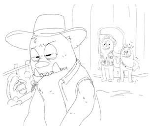 annoyed anthro bodily_fluids clothing female fence group hair half-closed_eyes hand_behind_head hand_on_hip hand_on_own_hip happy hat headgear headwear jacket looking_at_another male narrowed_eyes object_in_mouth plant sash sleeveless_shirt smile standing sweat teeth text three-quarter_view topwear trio tusks wheat wheat_in_mouth shaibey bugsnax young_horses filbo_fiddlepie triffany_lottablog wambus_troubleham grumpus 2022 digital_media_(artwork) english_text hi_res monochrome procreate_(artwork) sketch