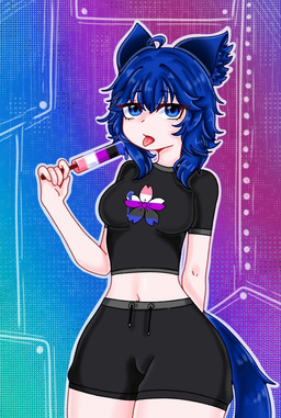 blue_body blue_eyes blue_fur blue_hair breasts female food fox_ears fox_tail fur genderfluid_pride_colors hair lgbt_pride popsicle pride_colors solo thick_thighs wide_hips silly_sun co1by animal_humanoid canid canine humanoid mammal digital_media_(artwork) genderfluid_(lore)