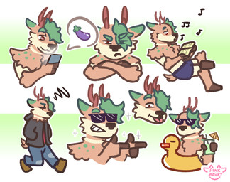 angry anthro antlers beverage black_clothing black_jacket black_topwear blue_bottomwear blue_clothing blue_pants book bottomwear brown_eyes cellphone clothed clothing crossed_arms denim denim_bottomwear denim_clothing dialogue drinking_straw eggplant electronics emanata eyewear food footwear fruit fully_clothed fur gesture glass gradient_background green_background green_ears green_hair green_liquid green_spots hair hand_gesture holding_beverage holding_glass holding_object holding_phone horn inflatable jacket jeans looking_at_object looking_at_phone looking_at_viewer male markings multicolored_body musical_note musical_symbol pants phone plant pointing red_clothing red_shirt red_topwear shirt shoes short_tail simple_background smile solo sparkles speech_bubble spots spotted_body spotted_fur sunglasses symbol tail tan_body tan_fur tongue tongue_out topwear umbrella undershirt underwear walking whistling pink_marky deer mammal expression_sheet hi_res pictographics