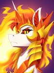 amber_eyes armor black_sclera crown diamond_(gem) female fire flaming_hair frown gem headgear helmet horn inner_ear_fluff looking_at_viewer orange_eyeshadow profile pseudo_hair pupils side_view slit_pupils solo tuft twotail813 friendship_is_magic hasbro my_little_pony mythology daybreaker_(mlp) equid equine mammal mythological_creature mythological_equine unicorn absurd_res bust_portrait hi_res portrait