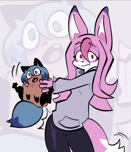 :o anthro big_tail biped blowup_background blue_hair bottomwear brown_body brown_fur clothed clothing dipstick_tail duo facial_markings feet female feral feralized fur gloves_(marking) hair head_markings hindpaw holding_another hoodie leg_markings long_hair looking_at_viewer markings mask_(marking) one_fang open_mouth pants paws pink_body pink_fur pink_hair quadruped red_eyes simple_background size_difference socks_(marking) standing tail tail_markings topwear wide_eyed chaotic_crisu brand_new_animal studio_trigger michiru_kagemori nazuna_hiwatashi canid canine fox mammal raccoon_dog tanuki 2026 digital_drawing_(artwork) digital_media_(artwork) firealpaca_(artwork) hi_res