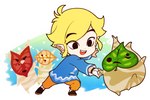 blonde_hair clothing footwear group hair hand_holding humanoid_pointy_ears light_body light_skin male not_furry open_mouth open_smile pointy_ears smile tnp nintendo the_legend_of_zelda wind_waker hollo_(tloz) makar olivio_(tloz) toon_link humanoid hylian korok