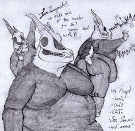 advertisement anthro backfat belly belly_overhang big_butt big_moobs bone butt crooked_teeth fat_neck front_view gun holding_gun holding_object holding_ranged_weapon holding_weapon huge_moobs magic male moobs obese obese_anthro obese_male overweight overweight_anthro overweight_male ranged_weapon rear_view skull skull_head solo text weapon hgleoz leoz_(leoz) bovid caprine demon goat mammal skullgoat absurd_res english_text hi_res huge_filesize