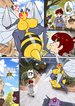 ahoge ambiguous_gender anthro big_breasts black_body bodily_fluids breasts day drill eyelashes female flying glistening glistening_body glistening_skin glowing glowing_eyes group hair heart_eyes heart_symbol insect_wings interrobang kidnapping larger_anthro larger_female male outside red_hair red_sclera scared size_difference sky stinger sweat white_eyes wings yellow_body amano_jack beedrill_string_shot_(meme) nintendo pokemon beedrill generation_1_pokemon generation_2_pokemon generation_5_pokemon generation_6_pokemon human larvitar mammal pokemon_(species) pumpkaboo whirlipede comic meme