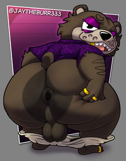 anthro anus balls big_balls big_butt bottomwear brown_body brown_fur butt claws clothing digit_ring feet fur gaping gaping_anus genitals gold_(metal) gold_tooth jewelry looking_at_viewer male presenting presenting_anus purple_clothing purple_eyelids ring sharp_teeth shorts slightly_chubby slightly_chubby_male solo teeth thick_thighs toe_ring toes dartcrave1 jaythefox333 jay_(jaythefox333) bear mammal hi_res