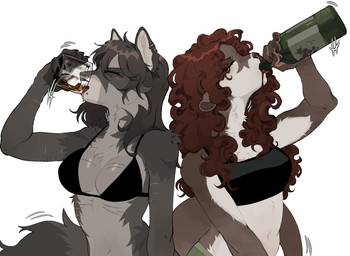 5_fingers alcohol anthro beverage biped bra breasts brown_body brown_fur brown_hair brown_tail clothed clothed_anthro clothed_female clothing countershade_fur countershade_torso countershading drinking duo facial_piercing female fingers front_view fur grey_body grey_fur grey_hair grey_tail hair holding_object lip_piercing piercing simple_background snakebite_piercing tail underwear white_background wine raccoattack angel_(raccoattack) racc_(raccoattack) mammal mustelid otter procyonid raccoon 2025 digital_drawing_(artwork) digital_media_(artwork) hi_res