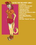 2024 3_toes absurd_res anthro biped bottomwear braces cheetah clothing delivery_(commerce) english_text feet felid feline female food_delivery footwear hair hat headgear headwear hi_res katie_(moczimacza) mammal moczimacza model_sheet paws ponytail shirt shoes shorts simple_background solo standing tail text toes topwear torn_clothing